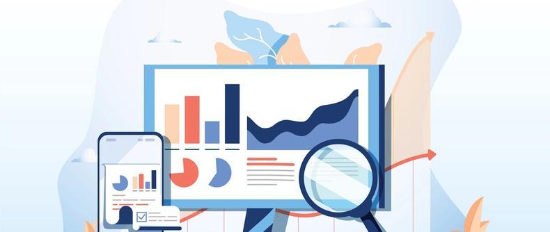 An illustration of data analysis displayed on a computer monitor and smartphone, featuring charts, graphs, and a magnifying glass.