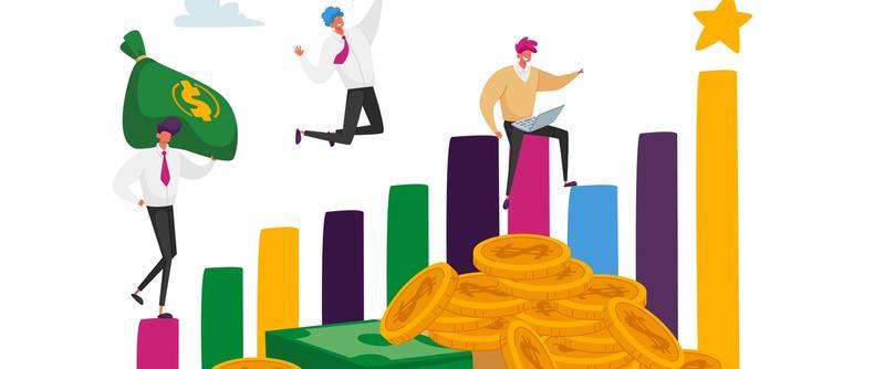 An illustration of three business people celebrating atop colorful bar graphs and piles of gold coins.