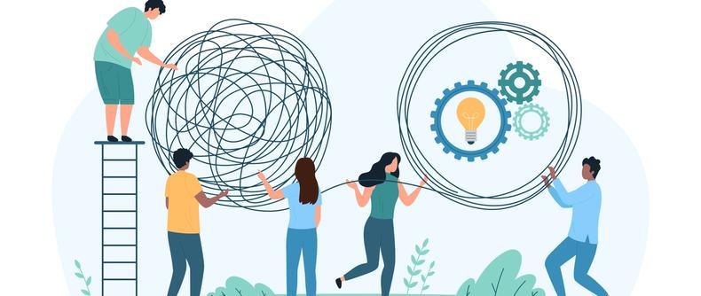 An illustration of a team of people untangling a large ball of yarn into a coherent idea.